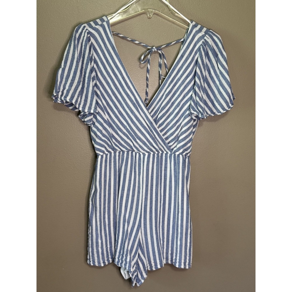 Mi Ami Francesca's Blue White Striped Flutter Sleeve Romper 26U2354EUD Small